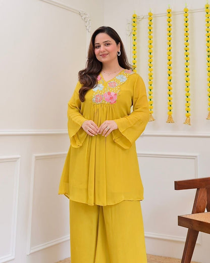 Magic Mustard Yellow Floral Embroidered Co-Ord Set for Women