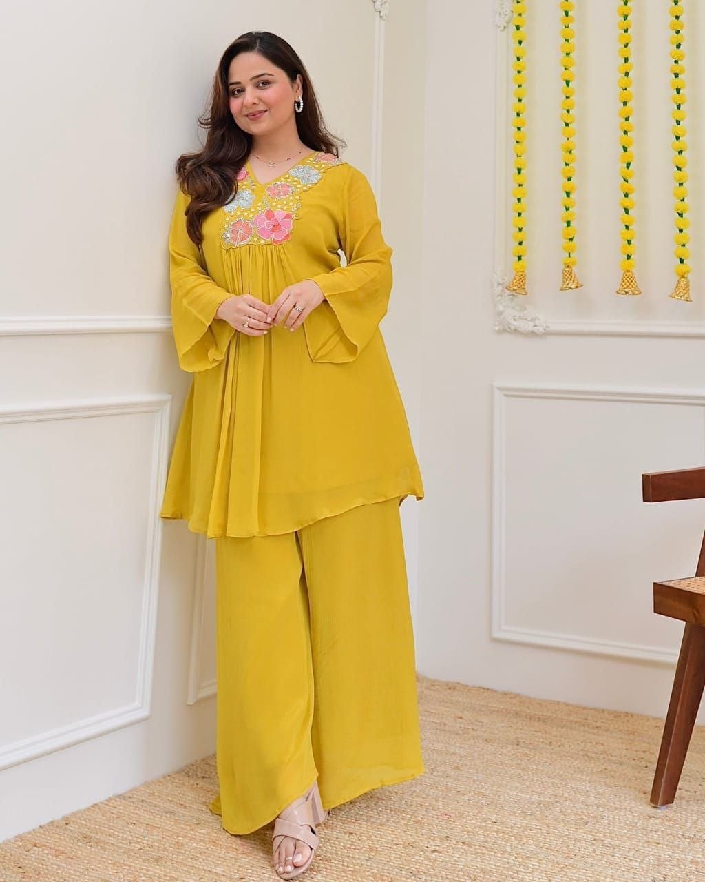 Magic Mustard Yellow Floral Embroidered Co-Ord Set for Women