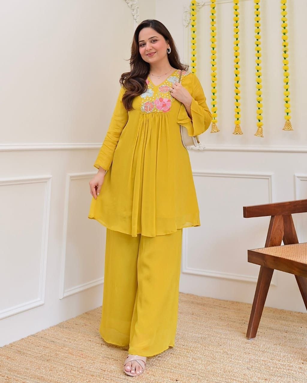 Magic Mustard Yellow Floral Embroidered Co-Ord Set for Women