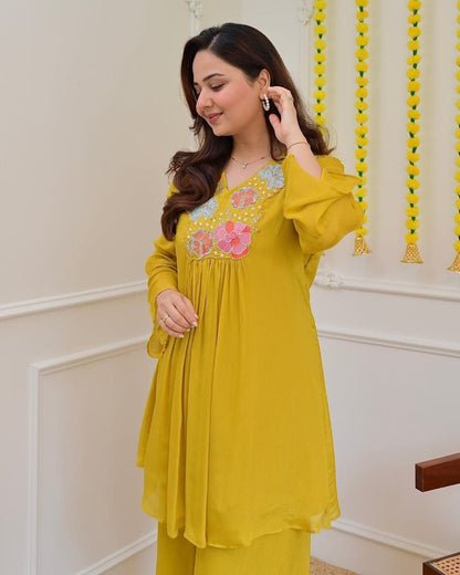 Magic Mustard Yellow Floral Embroidered Co-Ord Set for Women