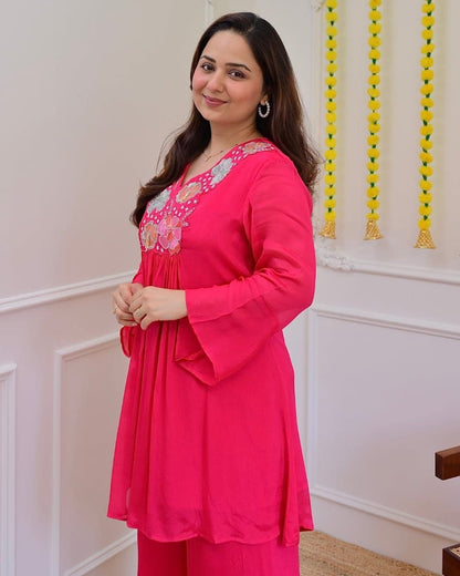Beautiful Hot Pink Floral Embroidered Co-Ord Set for Women