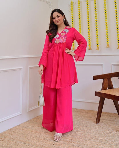 Beautiful Hot Pink Floral Embroidered Co-Ord Set for Women