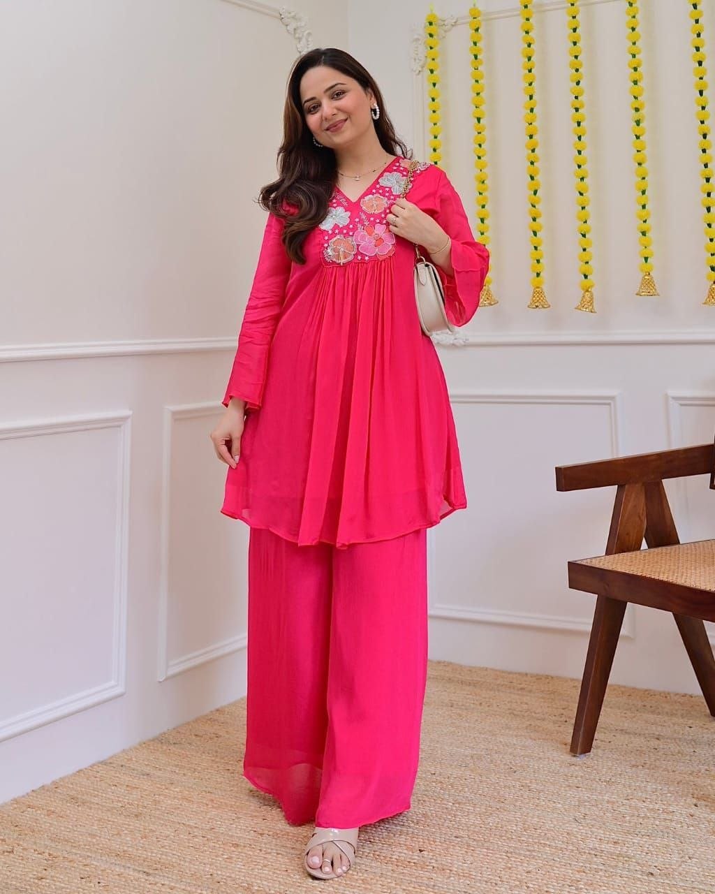 Beautiful Hot Pink Floral Embroidered Co-Ord Set for Women