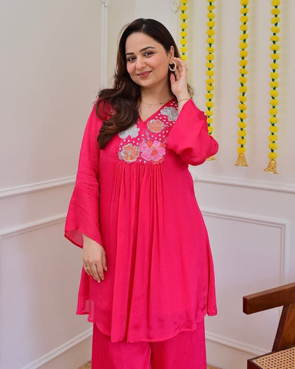 Beautiful Hot Pink Floral Embroidered Co-Ord Set for Women