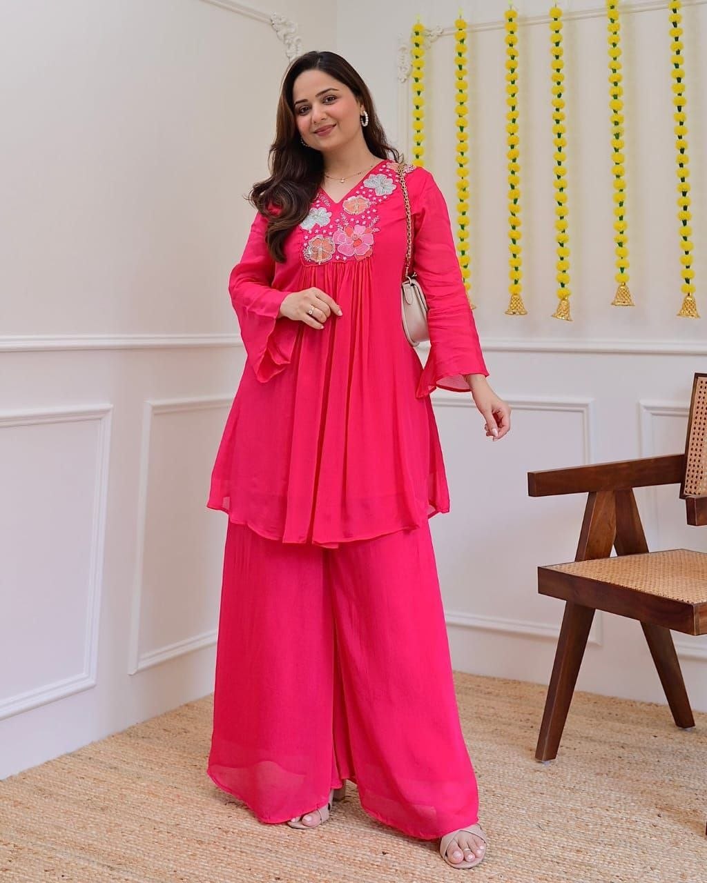 Beautiful Hot Pink Floral Embroidered Co-Ord Set for Women
