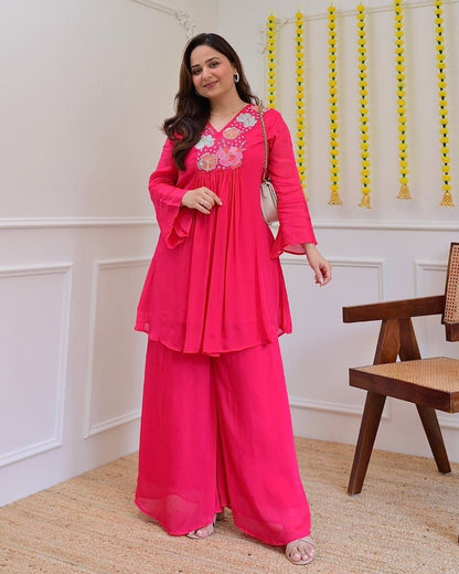 Beautiful Hot Pink Floral Embroidered Co-Ord Set for Women