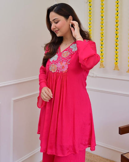 Beautiful Hot Pink Floral Embroidered Co-Ord Set for Women