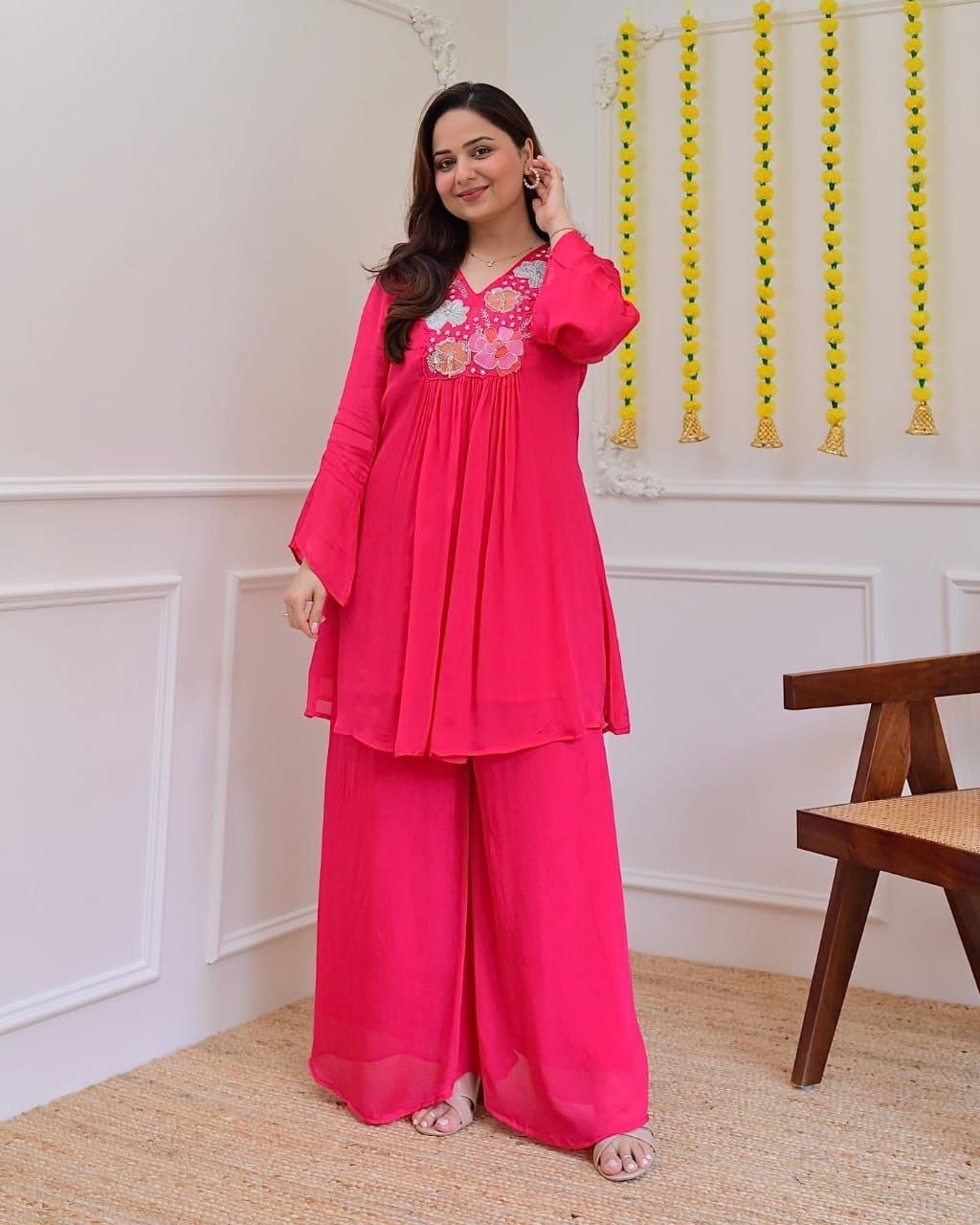 Beautiful Hot Pink Floral Embroidered Co-Ord Set for Women