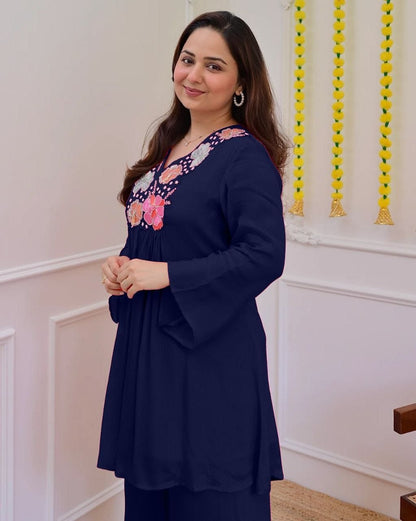 Trendy Navy Blue Floral Embroidered Co-Ord Set for Women