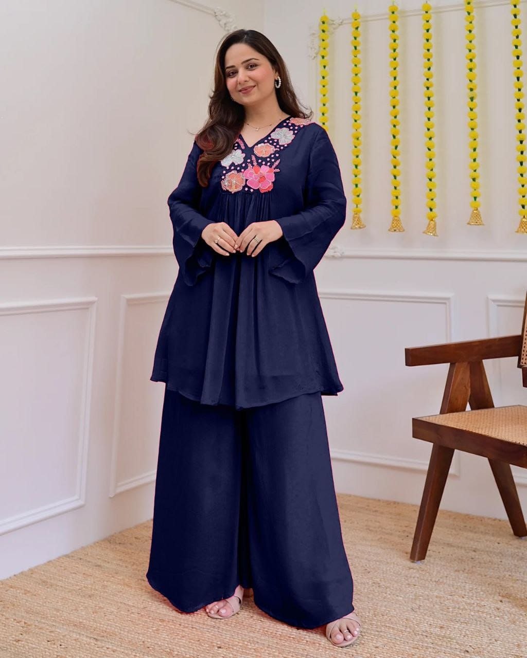 Trendy Navy Blue Floral Embroidered Co-Ord Set for Women