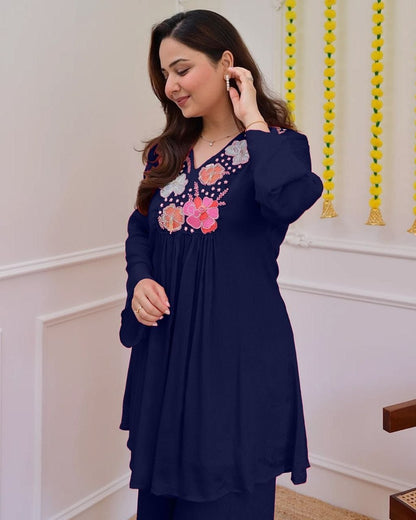 Trendy Navy Blue Floral Embroidered Co-Ord Set for Women