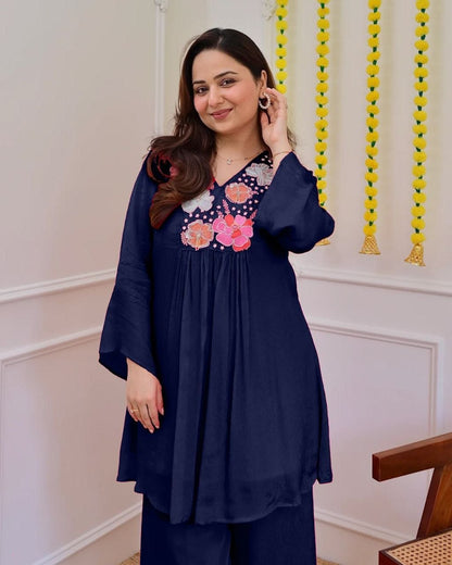Trendy Navy Blue Floral Embroidered Co-Ord Set for Women
