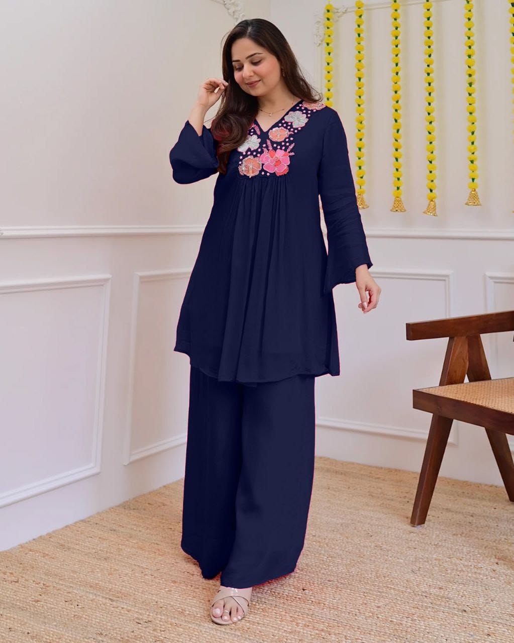 Trendy Navy Blue Floral Embroidered Co-Ord Set for Women
