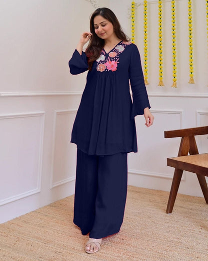Trendy Navy Blue Floral Embroidered Co-Ord Set for Women