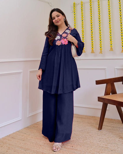 Trendy Navy Blue Floral Embroidered Co-Ord Set for Women