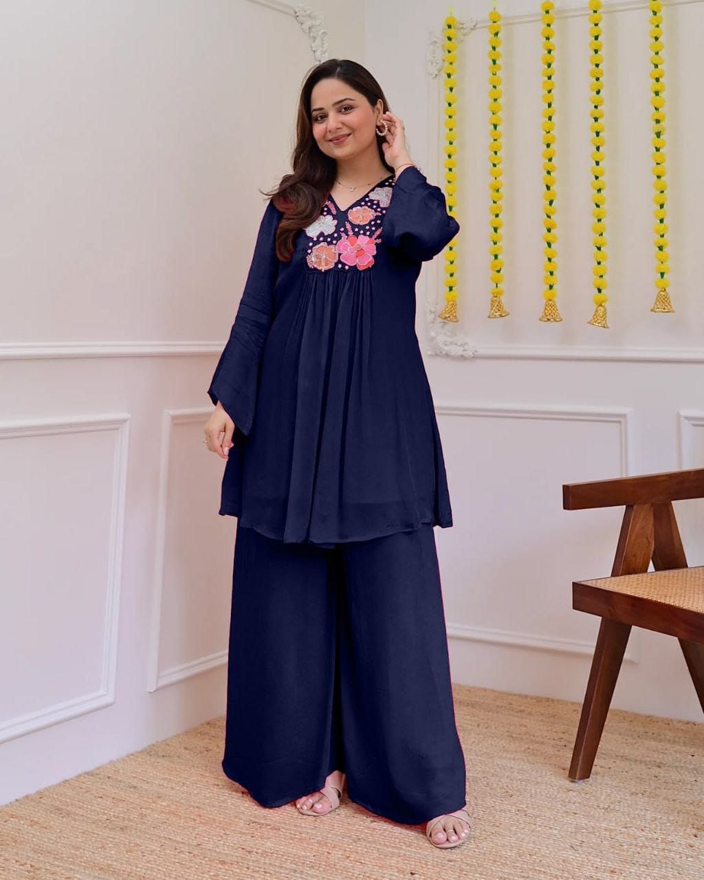 Trendy Navy Blue Floral Embroidered Co-Ord Set for Women