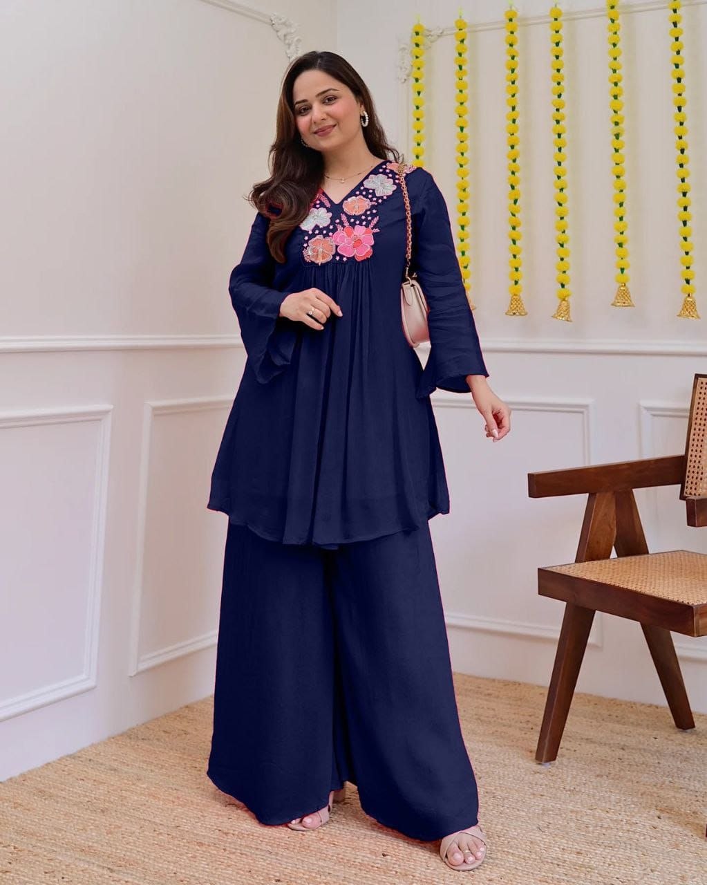 Trendy Navy Blue Floral Embroidered Co-Ord Set for Women