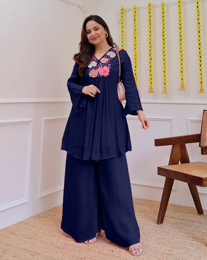 Trendy Navy Blue Floral Embroidered Co-Ord Set for Women
