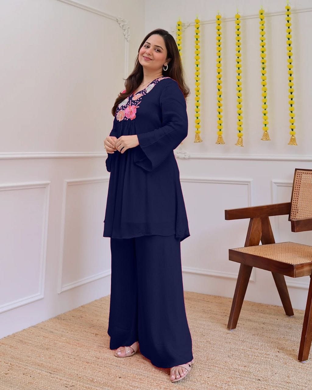 Trendy Navy Blue Floral Embroidered Co-Ord Set for Women