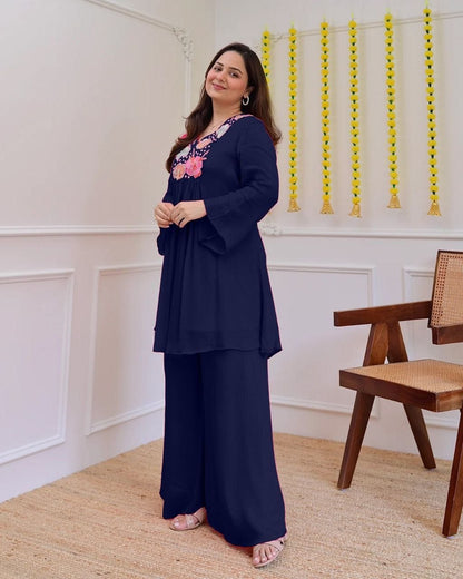 Trendy Navy Blue Floral Embroidered Co-Ord Set for Women