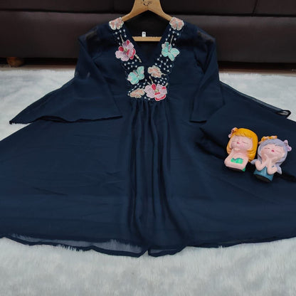 Trendy Navy Blue Floral Embroidered Co-Ord Set for Women