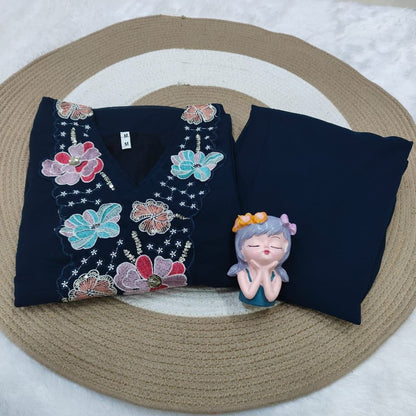 Trendy Navy Blue Floral Embroidered Co-Ord Set for Women