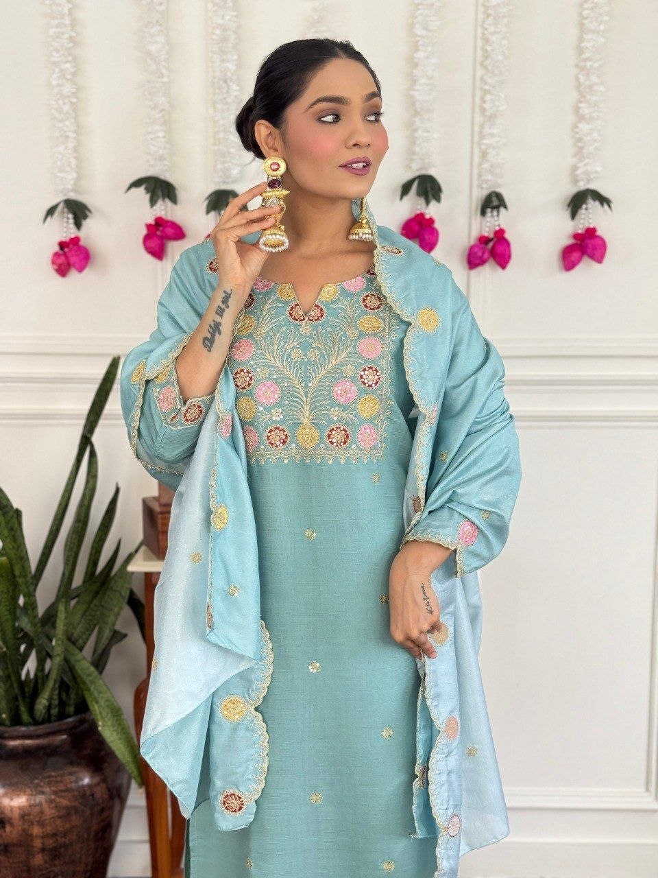 Sky Blue Floral Embroidered Suit Set