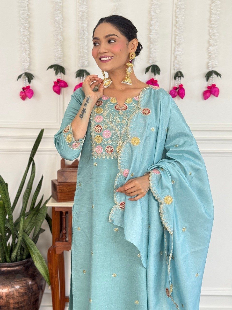 Sky Blue Floral Embroidered Suit Set