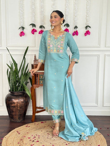 Sky Blue Floral Embroidered Suit Set