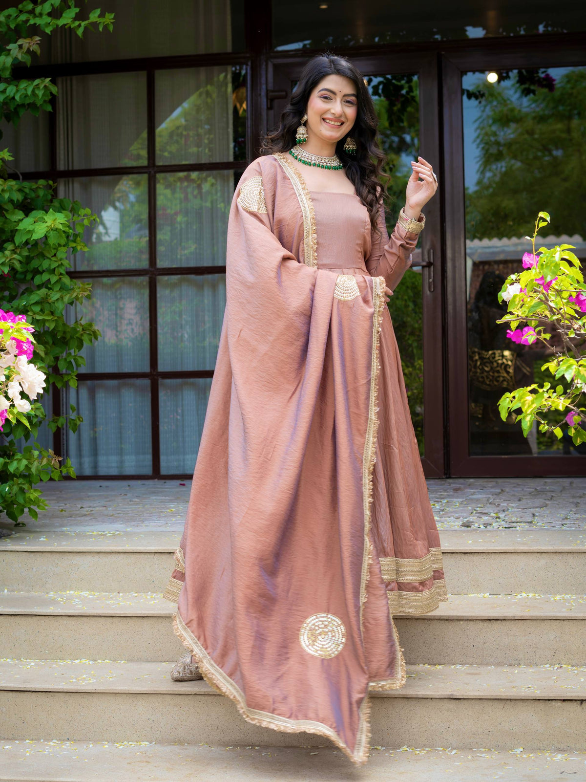 Beautiful Dusty Rose Gold Anarkali Suit Set with Matching Dupatta