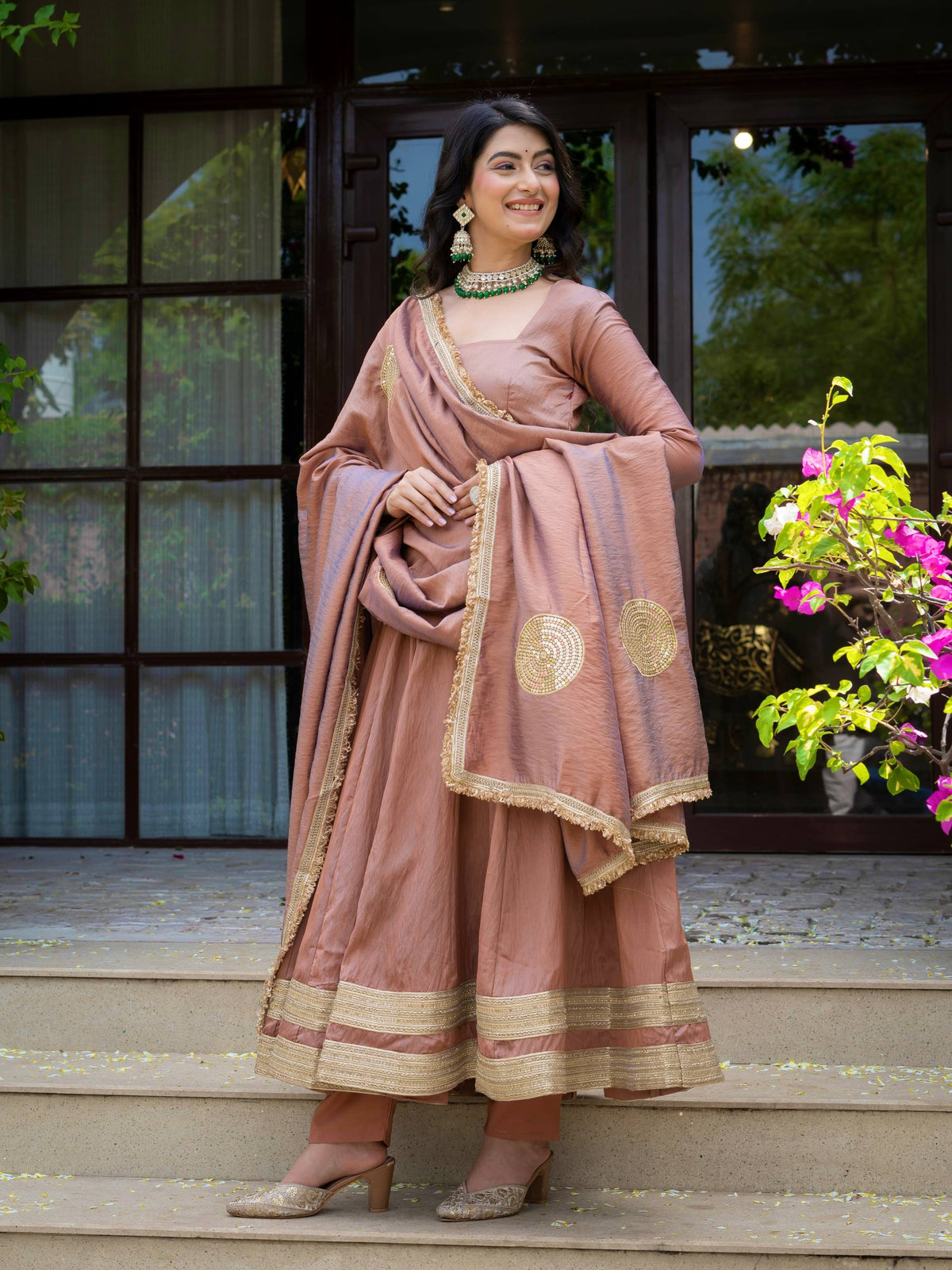 Beautiful Dusty Rose Gold Anarkali Suit Set with Matching Dupatta