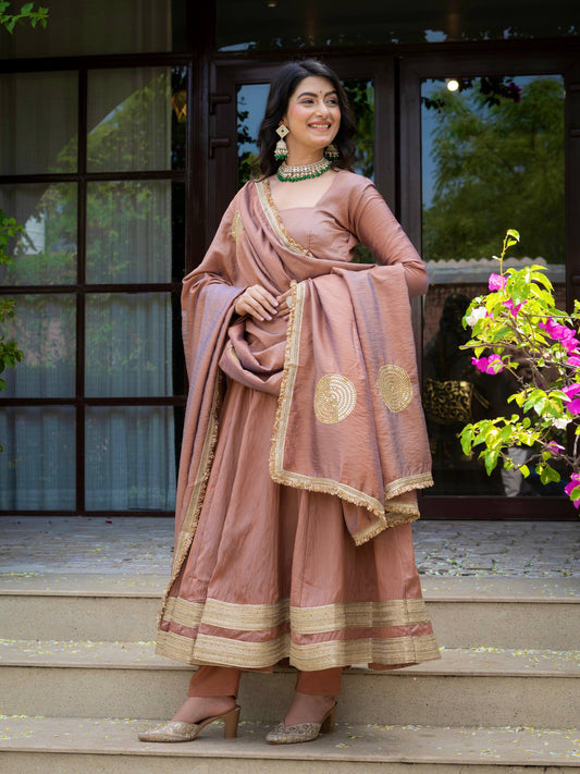 Beautiful Dusty Rose Gold Anarkali Suit Set with Matching Dupatta