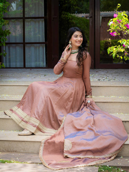 Beautiful Dusty Rose Gold Anarkali Suit Set with Matching Dupatta