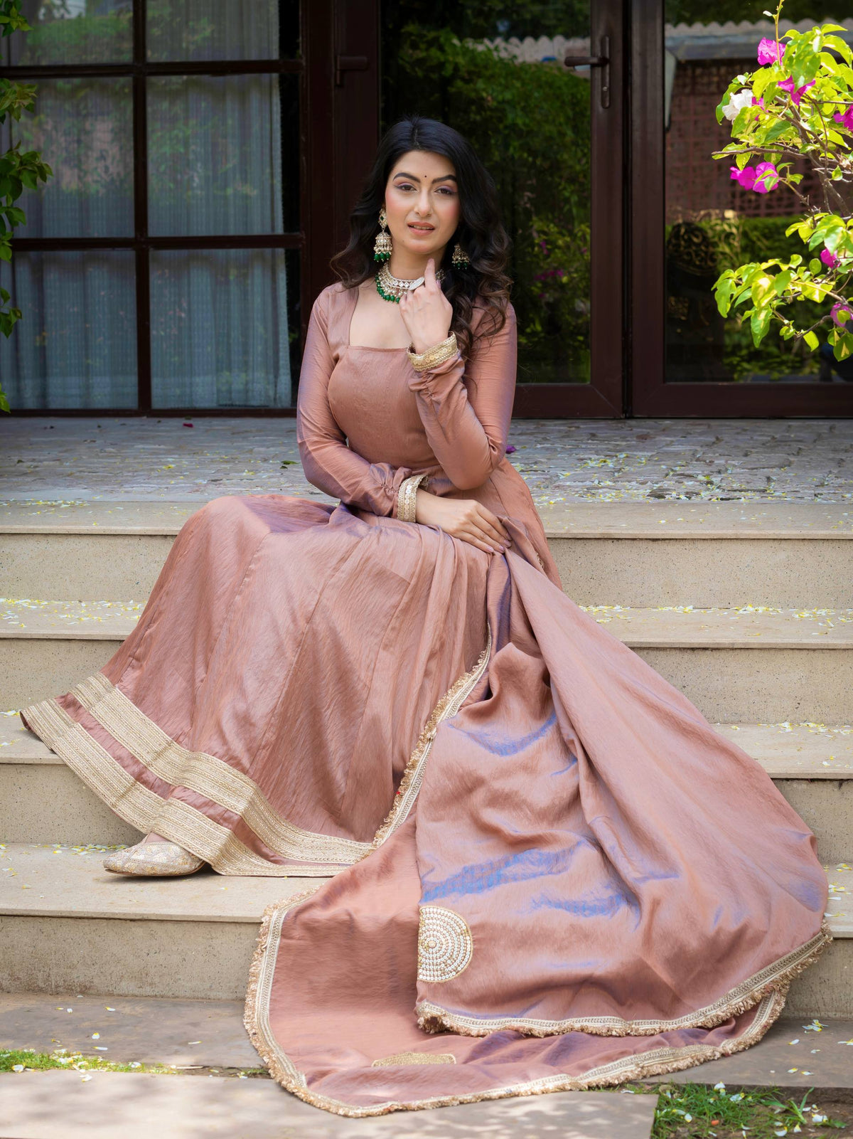Beautiful Dusty Rose Gold Anarkali Suit Set with Matching Dupatta