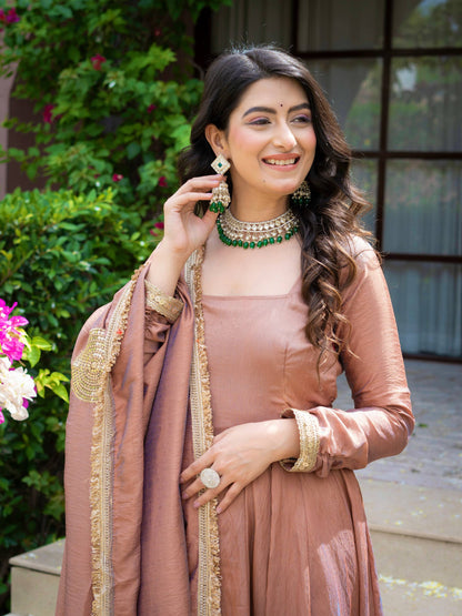 Beautiful Dusty Rose Gold Anarkali Suit Set with Matching Dupatta