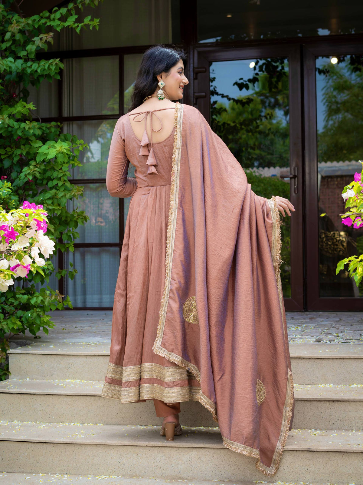Beautiful Dusty Rose Gold Anarkali Suit Set with Matching Dupatta