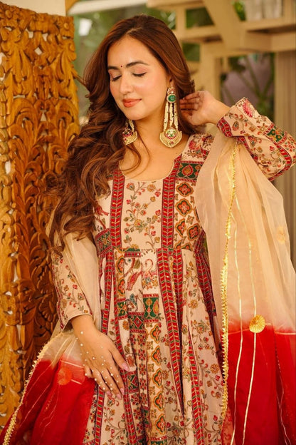Royal Multicolor Chinon Silk Designer Anarkali Gown Set with Printed Dupatta