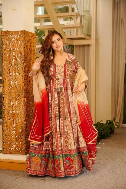 Royal Multicolor Chinon Silk Designer Anarkali Gown Set with Printed Dupatta