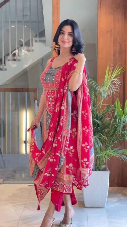 Women's Magenta & Grey Printed Unstitched Salwar Suit with Floral Dupatta