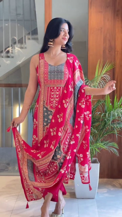 Women's Magenta & Grey Printed Unstitched Salwar Suit with Floral Dupatta