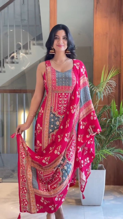 Women's Magenta & Grey Printed Unstitched Salwar Suit with Floral Dupatta
