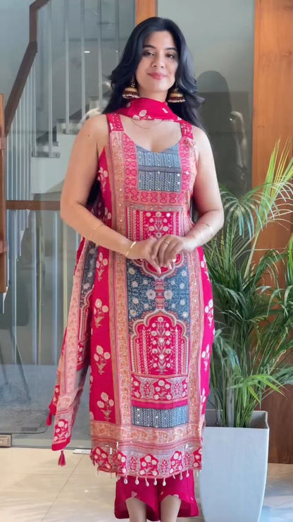 Women's Magenta & Grey Printed Unstitched Salwar Suit with Floral Dupatta