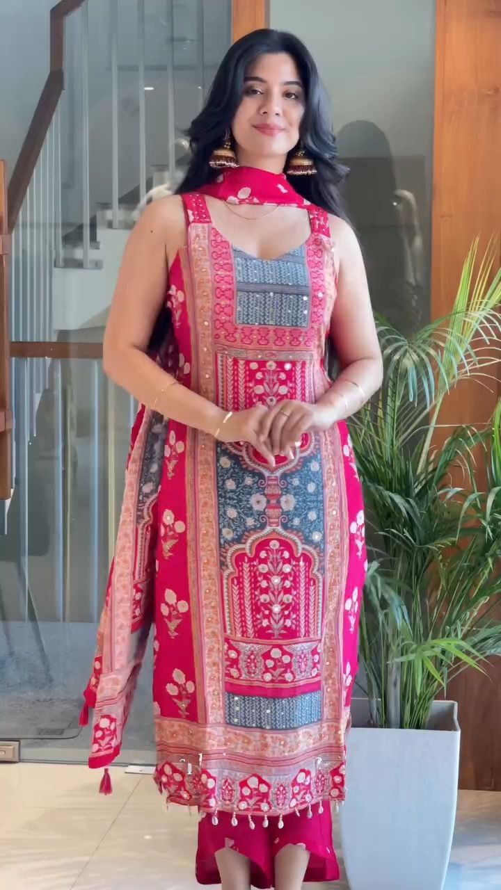 Women's Magenta & Grey Printed Unstitched Salwar Suit with Floral Dupatta