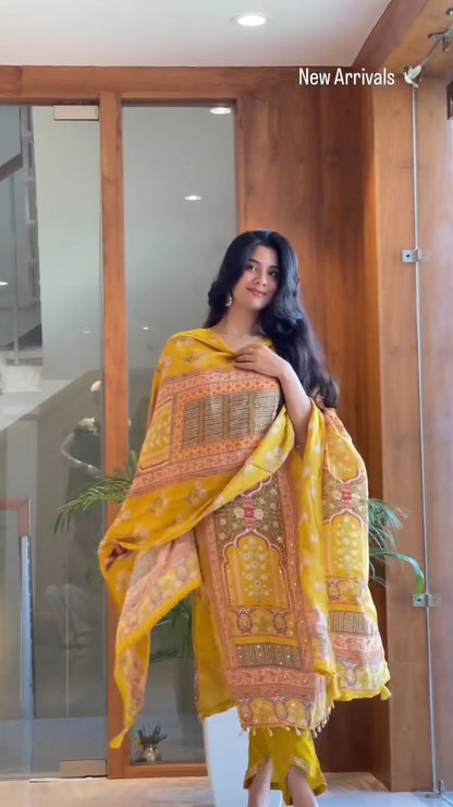 Premium Mustard Yellow Printed Unstitched Salwar Suit with Elegant Dupatta