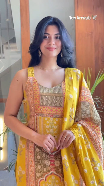 Premium Mustard Yellow Printed Unstitched Salwar Suit with Elegant Dupatta