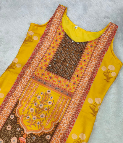 Premium Mustard Yellow Printed Unstitched Salwar Suit with Elegant Dupatta