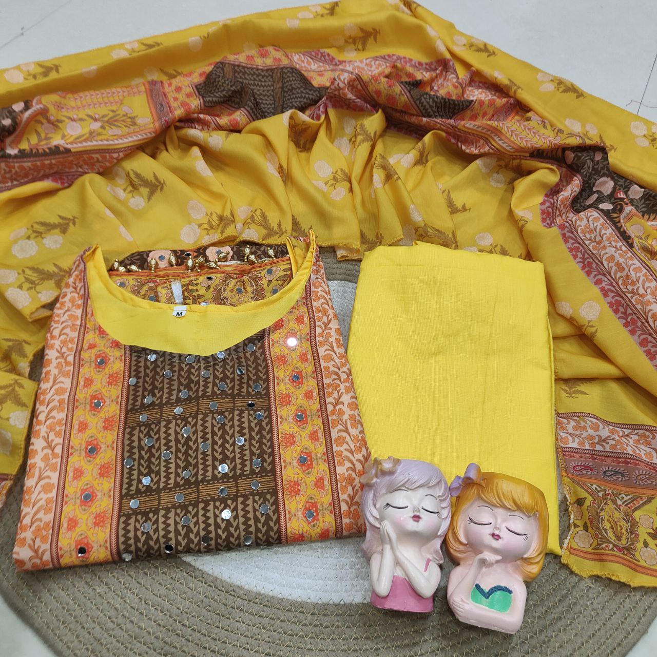 Premium Mustard Yellow Printed Unstitched Salwar Suit with Elegant Dupatta