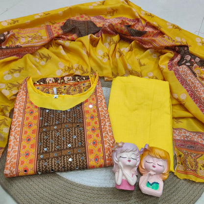 Premium Mustard Yellow Printed Unstitched Salwar Suit with Elegant Dupatta