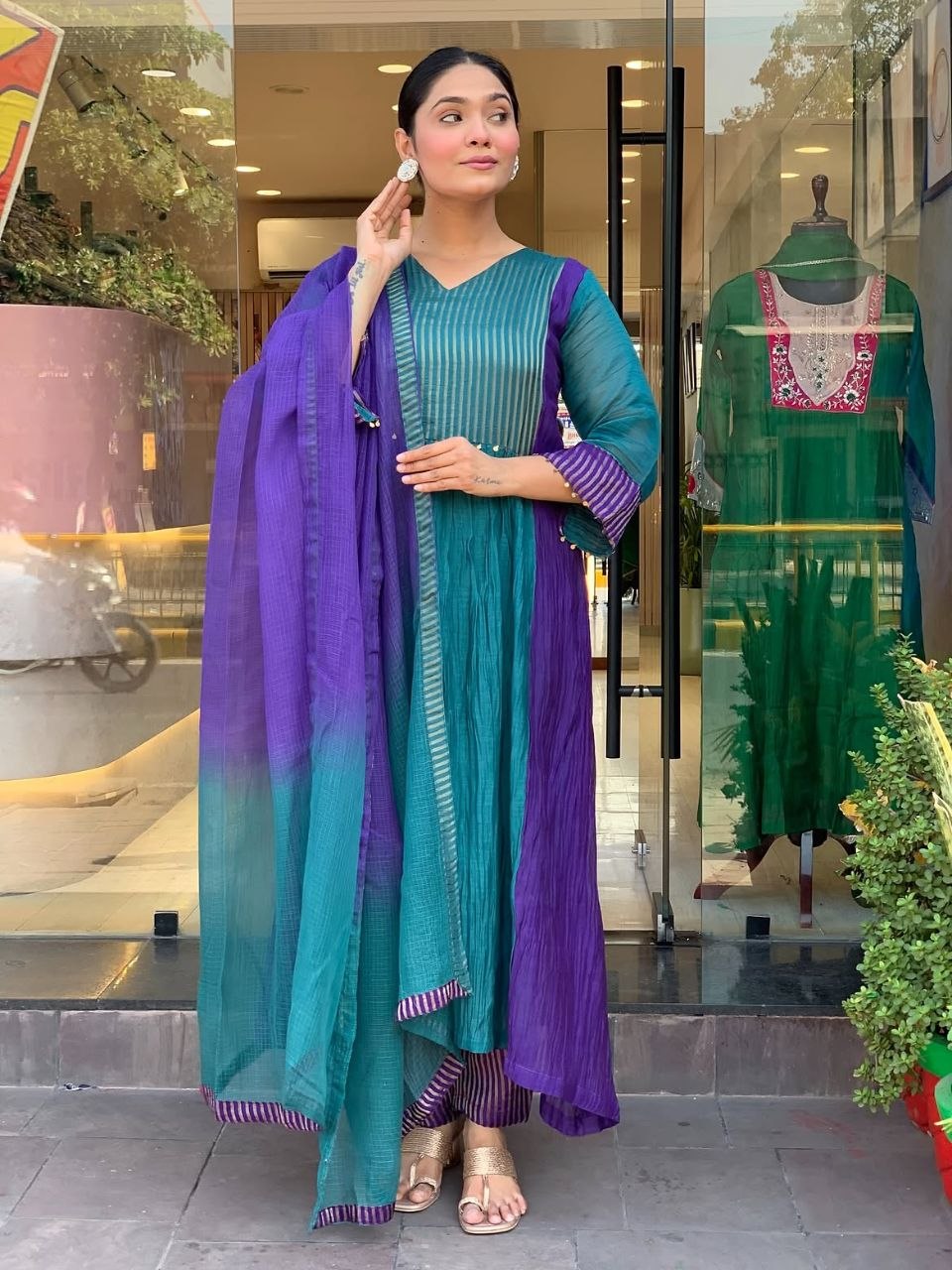 Charming Teal Blue & Royal Purple Striped Anarkali Suit Set