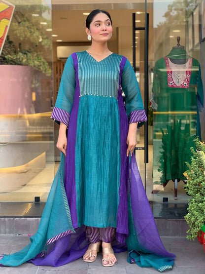 Charming Teal Blue & Royal Purple Striped Anarkali Suit Set